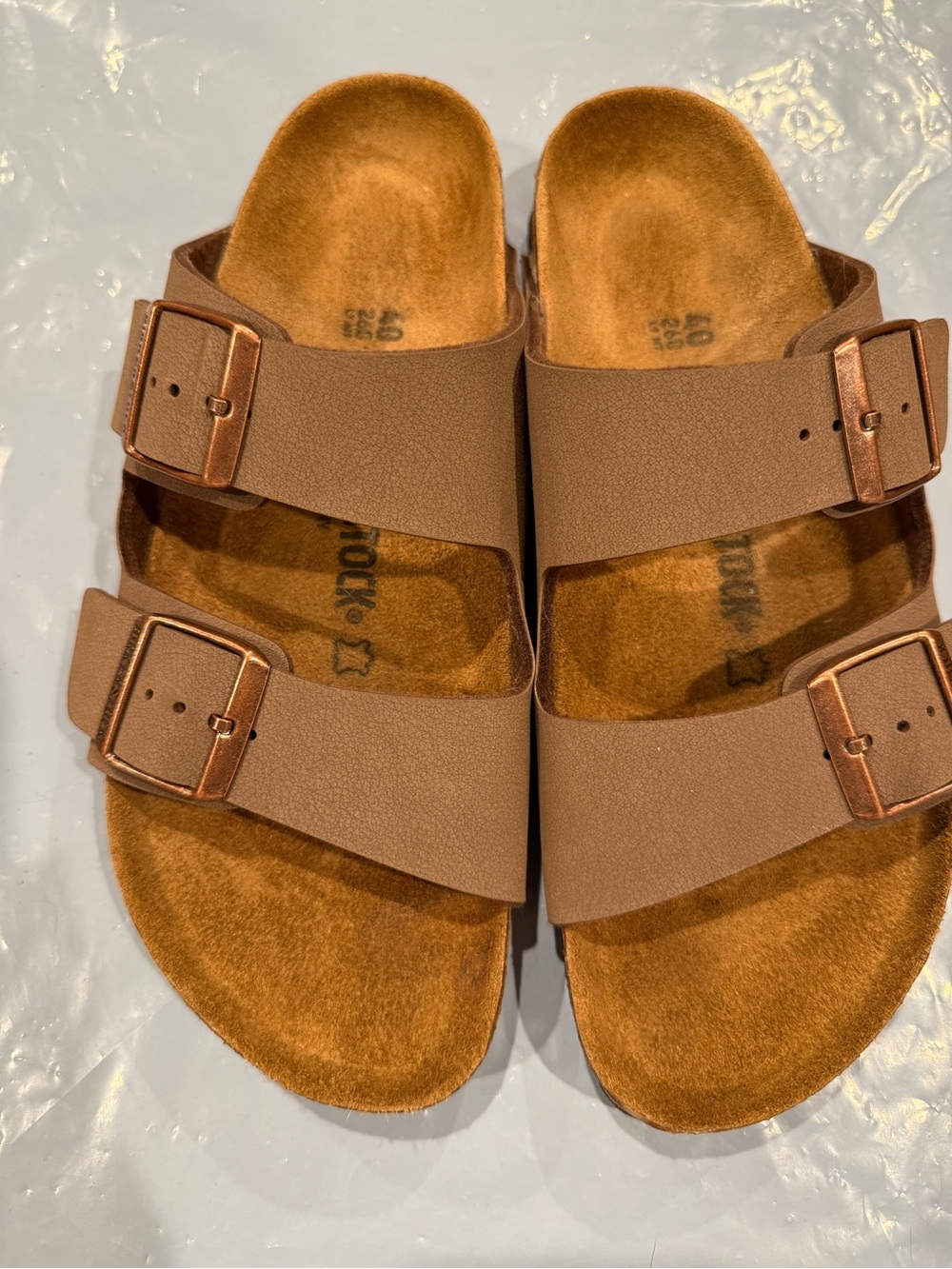 Birkenstock Arizona Brown Double-Strap Buckle Sandals color is stone size 40